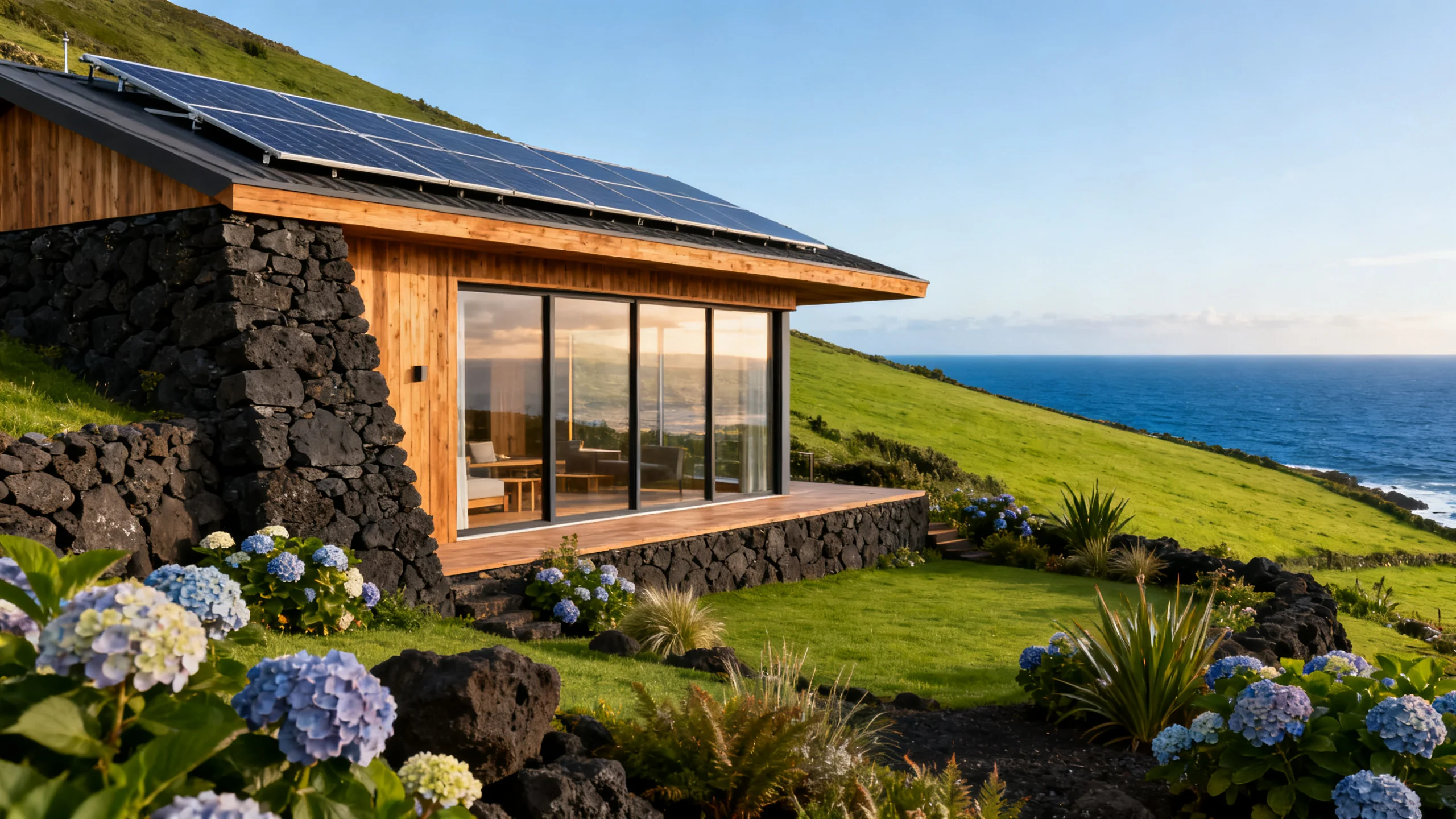 A modern eco-lodge in the Azores built into a hillside with sustainable wood and stone construction, large windows overlooking lush green pasture and the Atlantic ocean, solar panels on the roof, scattered hydrangeas in the garden, soft afternoon light highlighting the natural materials