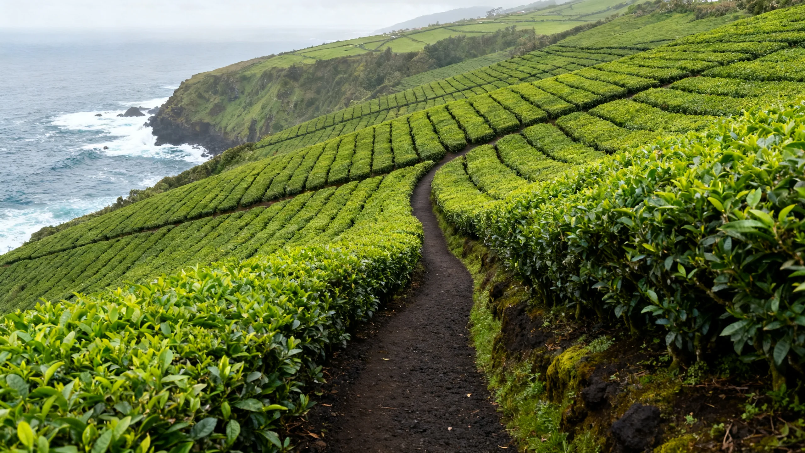 Rows of green tea bushes on the Gorreana plantation in São Miguel, with the Atlantic coast and ocean visible in the distance behind, soft cloudy light