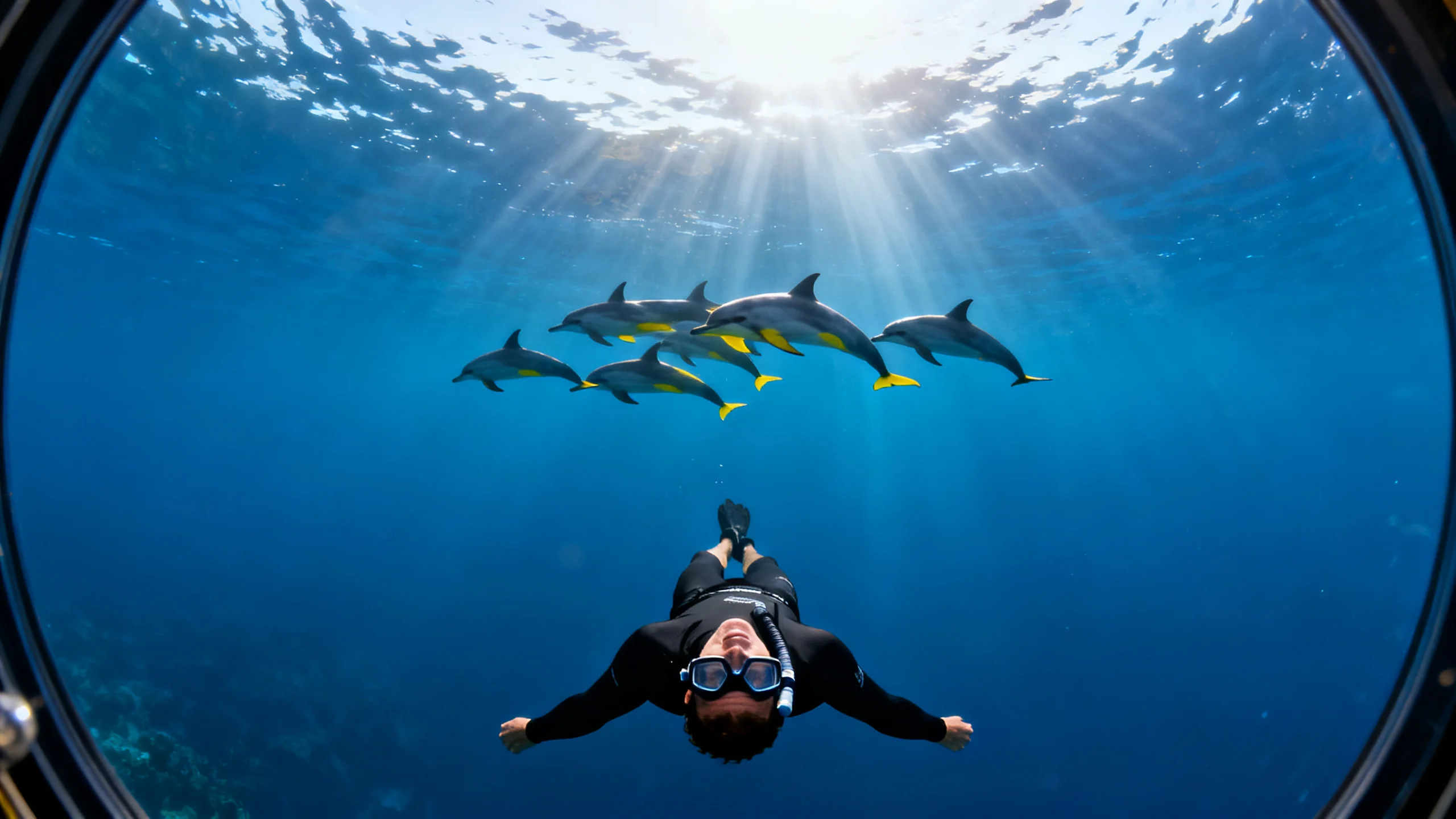 Snorkeler in a wetsuit floating face-down at the surface of the open Atlantic while a small pod of common dolphins swims past beneath, blue water transparency