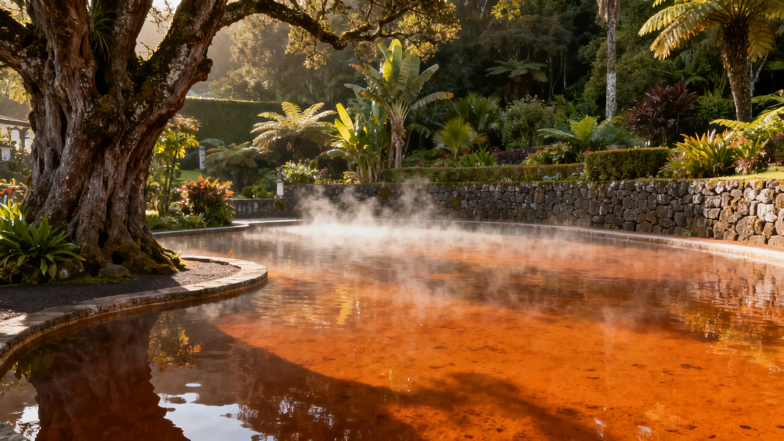 Iron-rich thermal pools at Terra Nostra garden in Furnas with warm orange-tinted mineral water surrounded by lush tropical garden vegetation