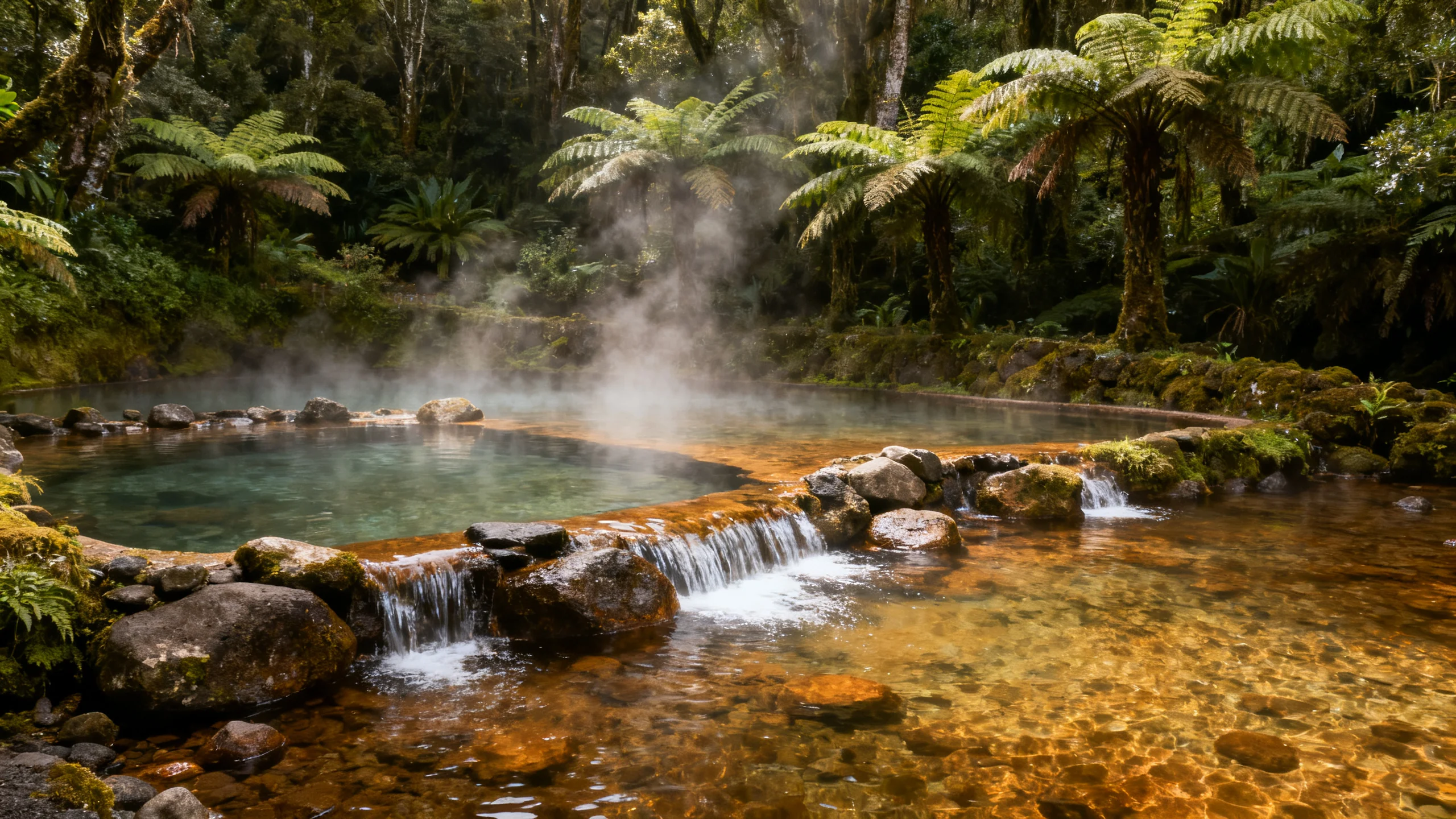 Natural hot spring pool at Caldeira Velha with warm water flowing over stones surrounded by dense Atlantic forest with tree ferns