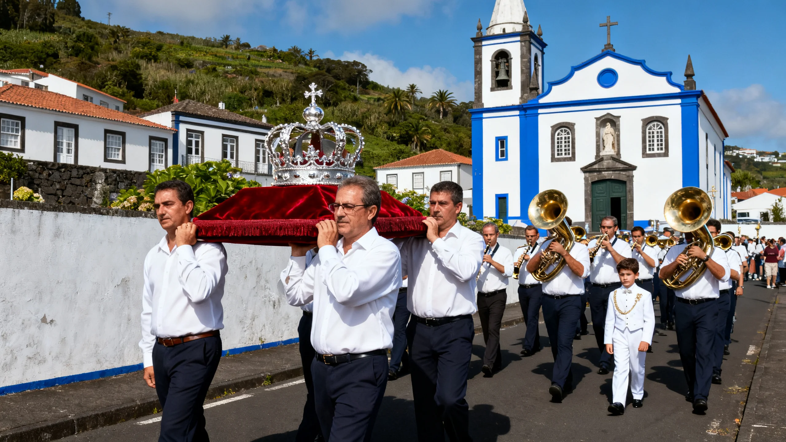 A traditional Azorean Festa do Espírito Santo procession in São Miguel, with villagers in white shirts and dark trousers carrying the silver crown on a velvet cushion, walking alongside a small brass band and a child dressed as the imperador, the village church visible in the background under summer sun