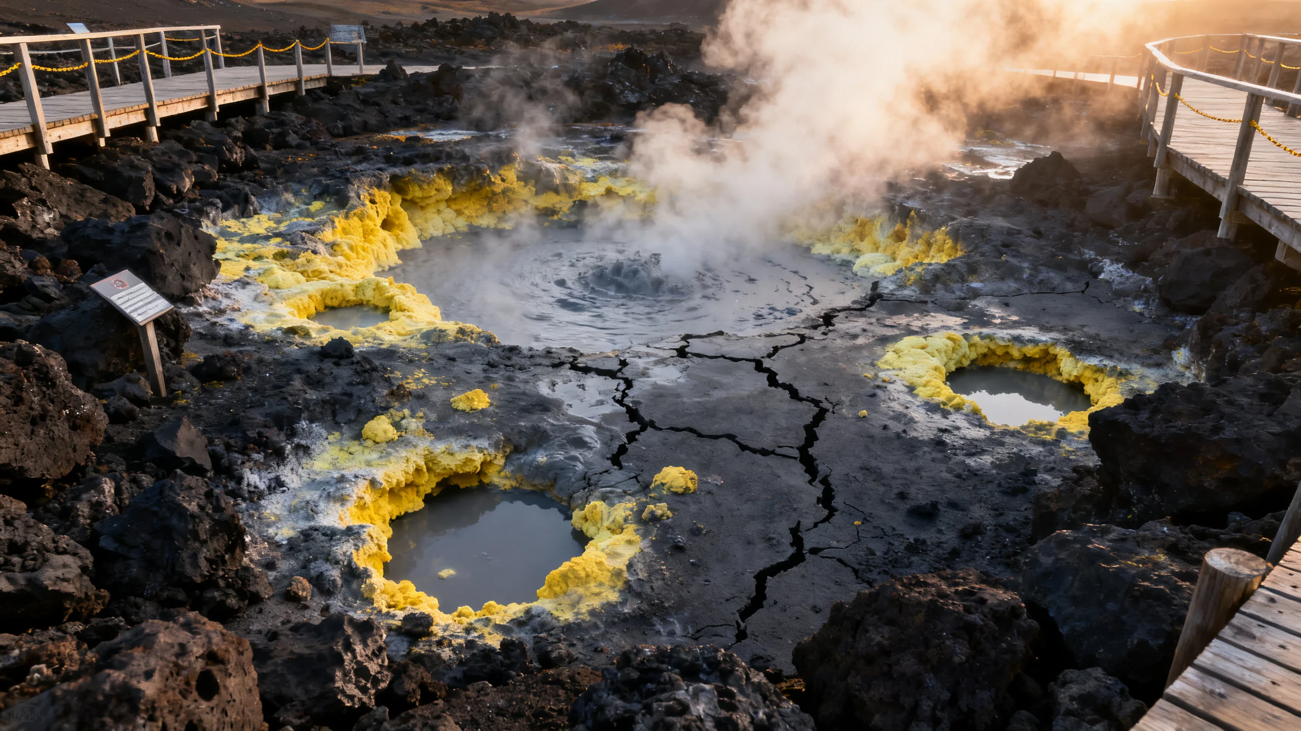 A volcanic fumarole field at Furnas in São Miguel, Azores, with steam rising dramatically from boiling mud pots and cracks in the ground, surrounded by yellow sulphur deposits and dark volcanic rock