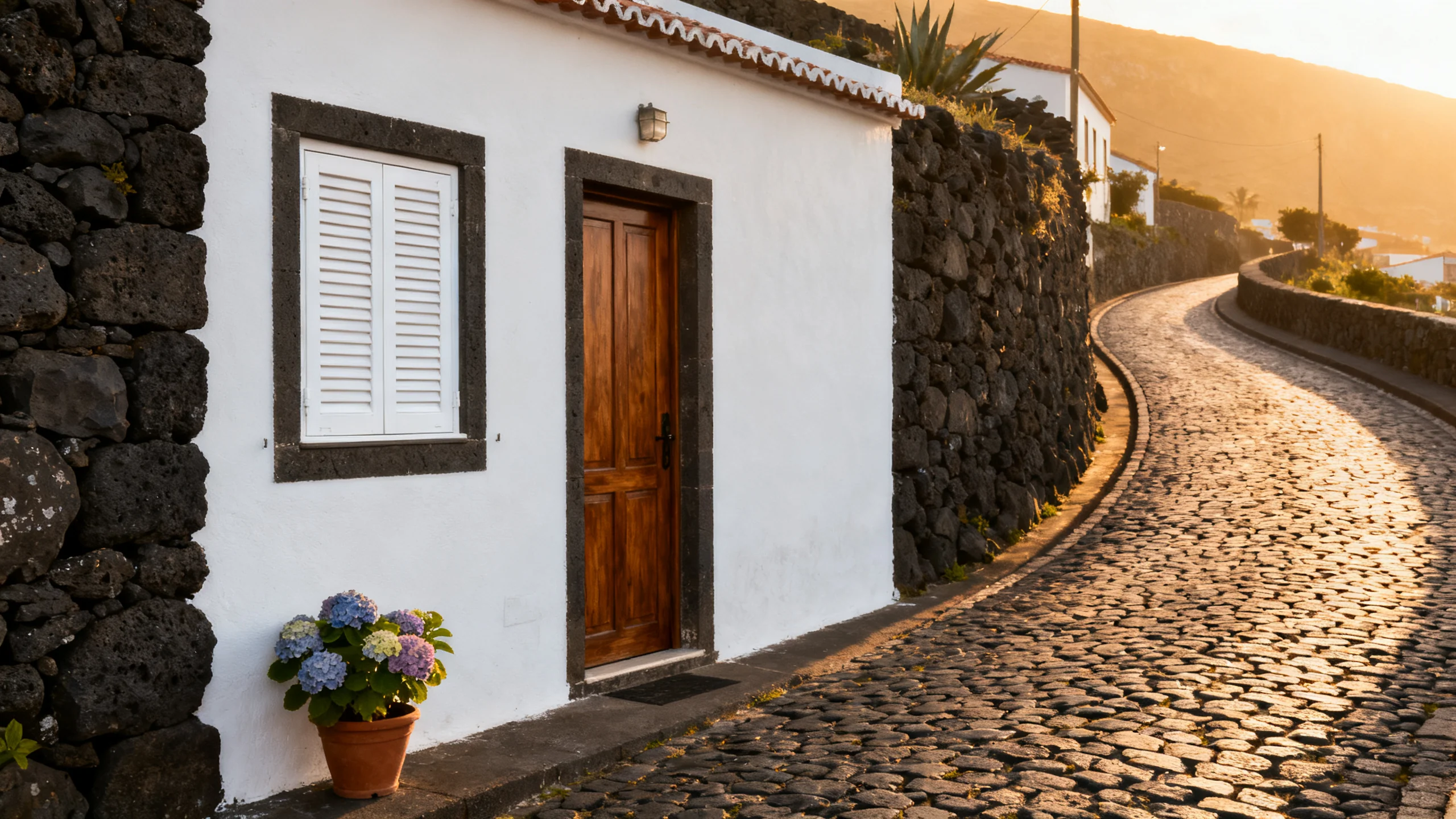 A small whitewashed traditional Corvo guesthouse on the curved cobbled street of Vila do Corvo, Azores, with a wooden door, a single window with white-painted shutters, basalt stone walls, hydrangeas in a small flower pot beside the entrance, the empty cobbled street stretching into the distance under late afternoon golden light