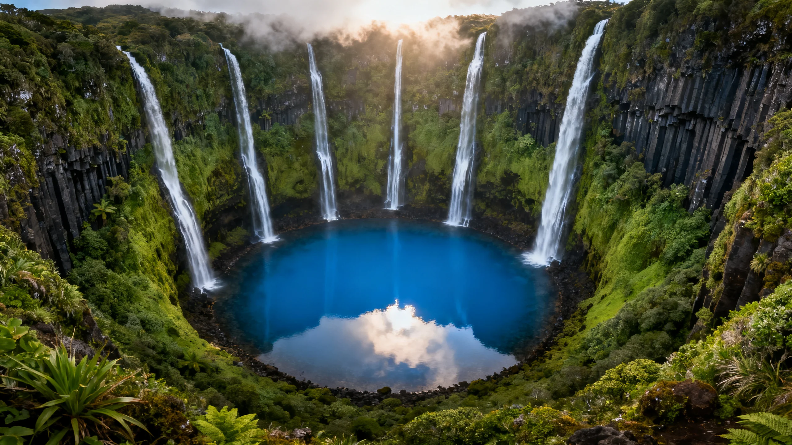 A panoramic view of Poço da Alagoinha on Flores, Azores, with six tall waterfalls cascading from the surrounding green basalt cliffs into a single circular pool at the base, dense vegetation covering the cliff walls, a small bright blue lagoon at the centre, soft morning light filtering through low cloud, sense of dramatic vertical landscape