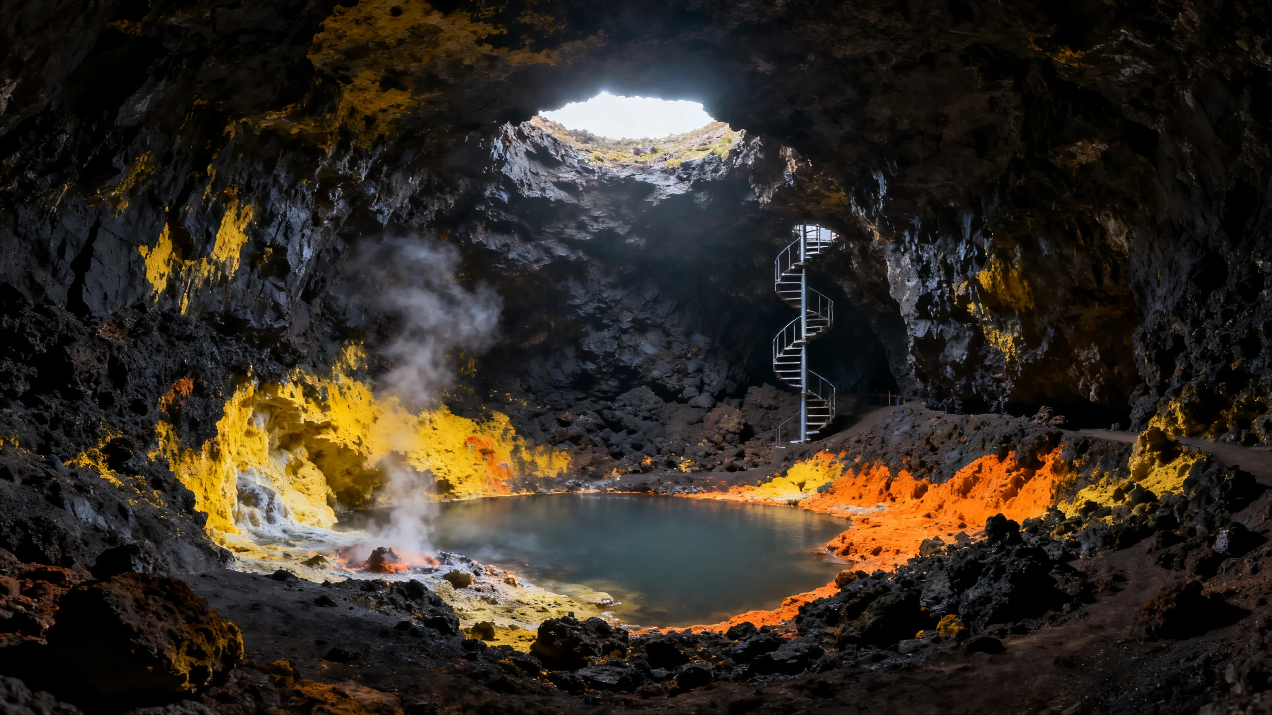 The interior of Furna do Enxofre on Graciosa, Azores, showing the underground lagoon at the base of the volcanic cavern, basalt walls discoloured by yellow sulphur deposits, dim natural light filtering down from the surface opening 220 metres above, sense of geological depth and silence