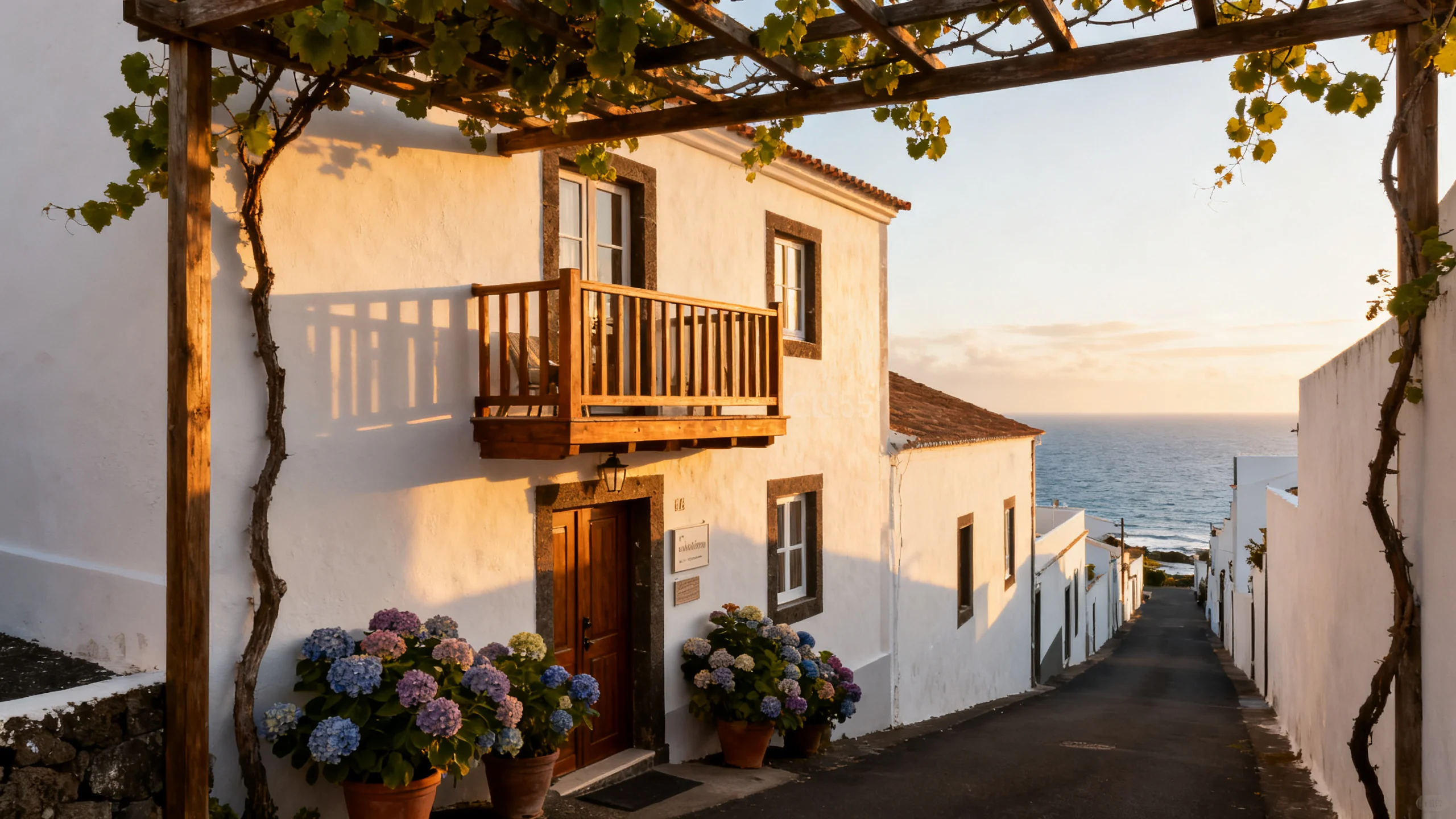 A small whitewashed traditional Graciosa townhouse converted to a guesthouse, with a wooden balcony overlooking the white-painted streets of Santa Cruz da Graciosa, hydrangeas in flower pots beside the entrance, the Atlantic ocean visible in the distance at the end of the street, warm late-afternoon light