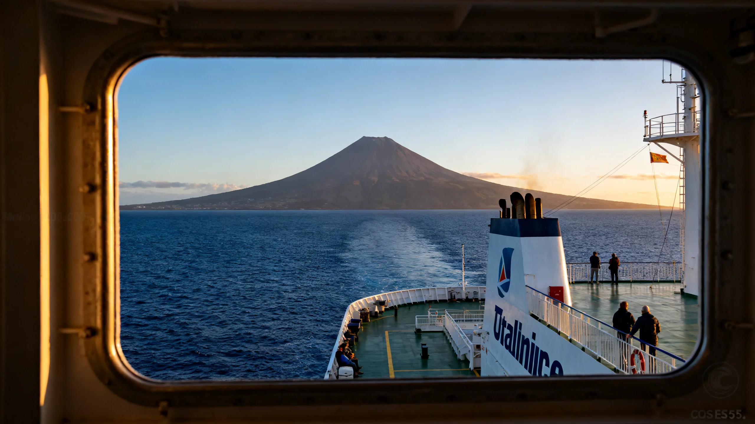 The Atlanticoline ferry crossing the channel between Horta on Faial and Madalena on Pico in calm afternoon sun, with the Pico volcano rising dramatically directly from the ocean ahead of the ferry, a few passengers visible on the open deck, and the deep blue Atlantic stretching to the horizon