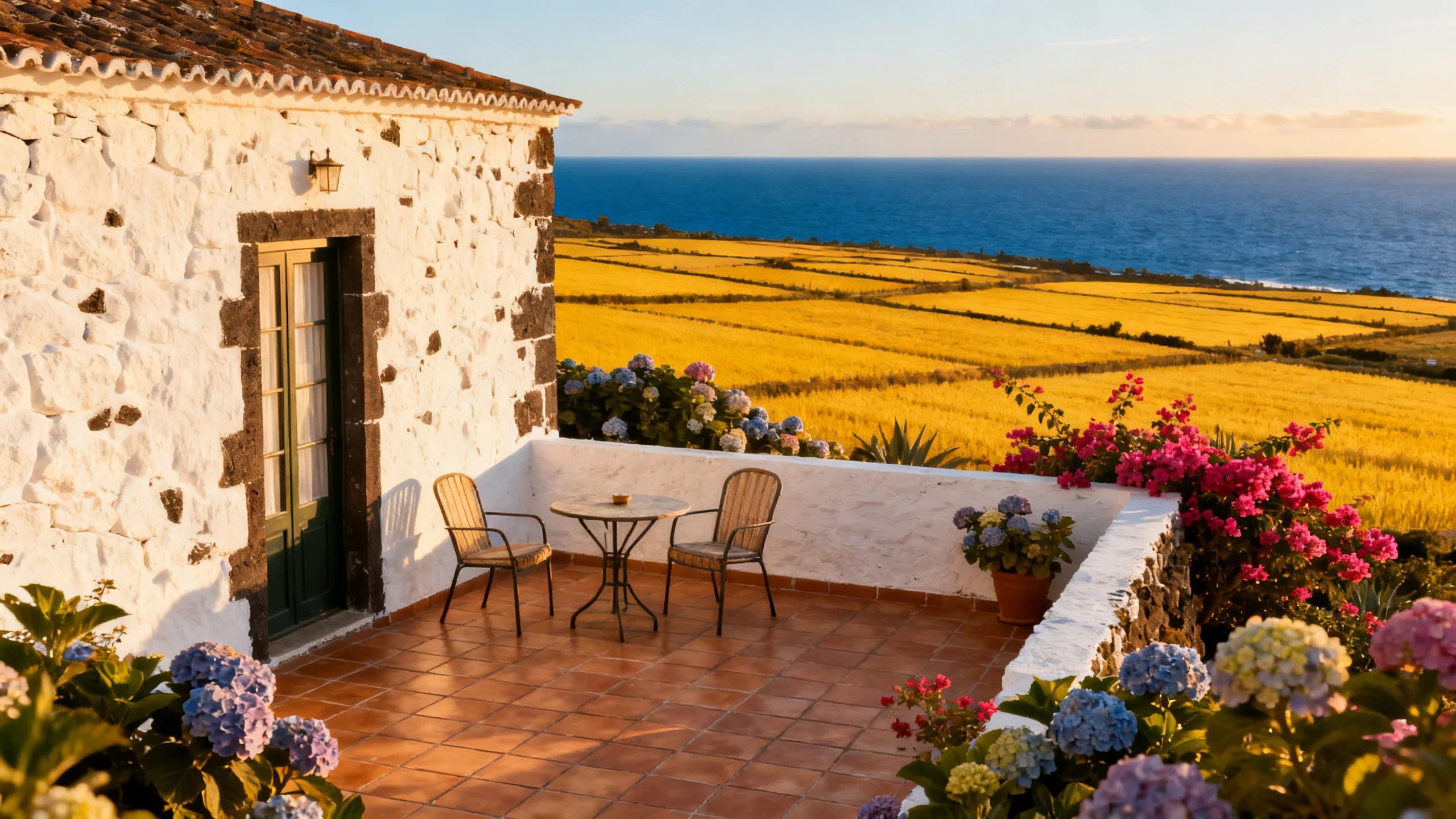 A traditional white-painted Santa Maria stone house converted to a small boutique hotel, with a tiled terrace overlooking the gentle yellow-tinted farmland and the deep blue Atlantic ocean in the distance, scattered hydrangeas and bougainvillea in the garden, warm afternoon golden light