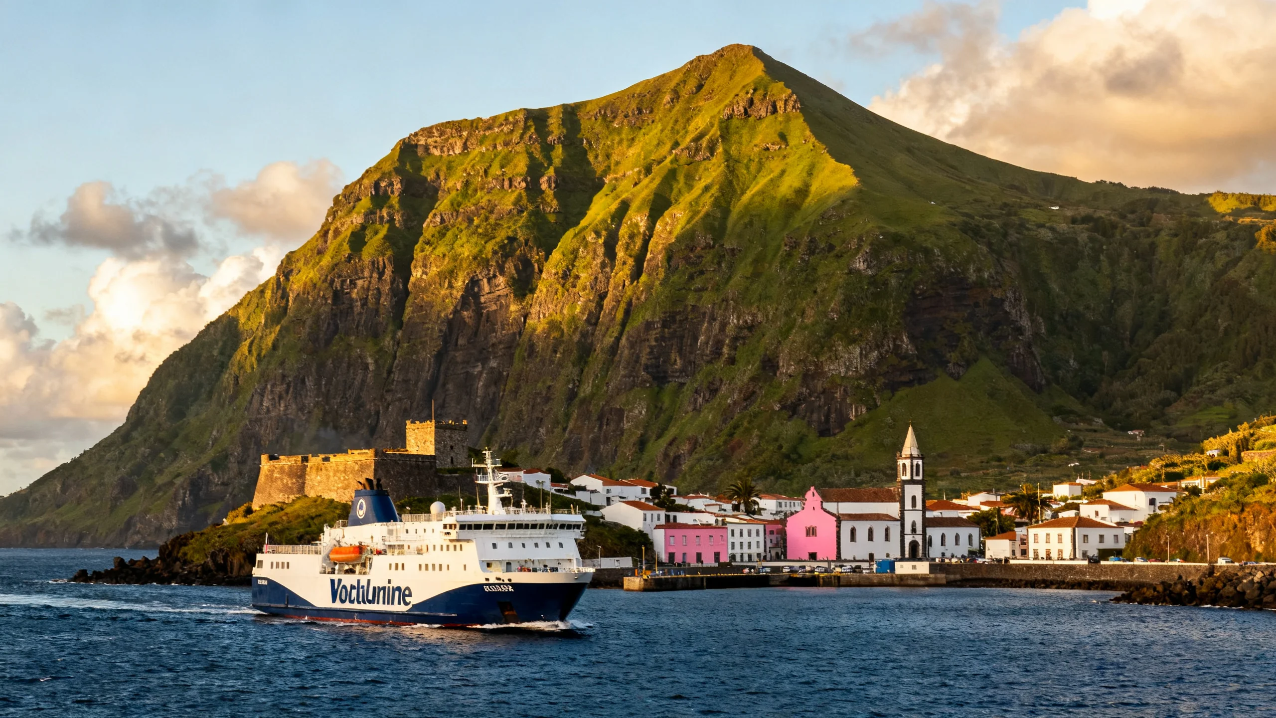 The Atlanticoline ferry approaching Velas harbour on São Jorge, Azores, with the small white-and-pink port town visible behind, the basalt cliffs of the central plateau rising dramatically above the town, the deep blue Atlantic ocean and a few scattered clouds under afternoon sun