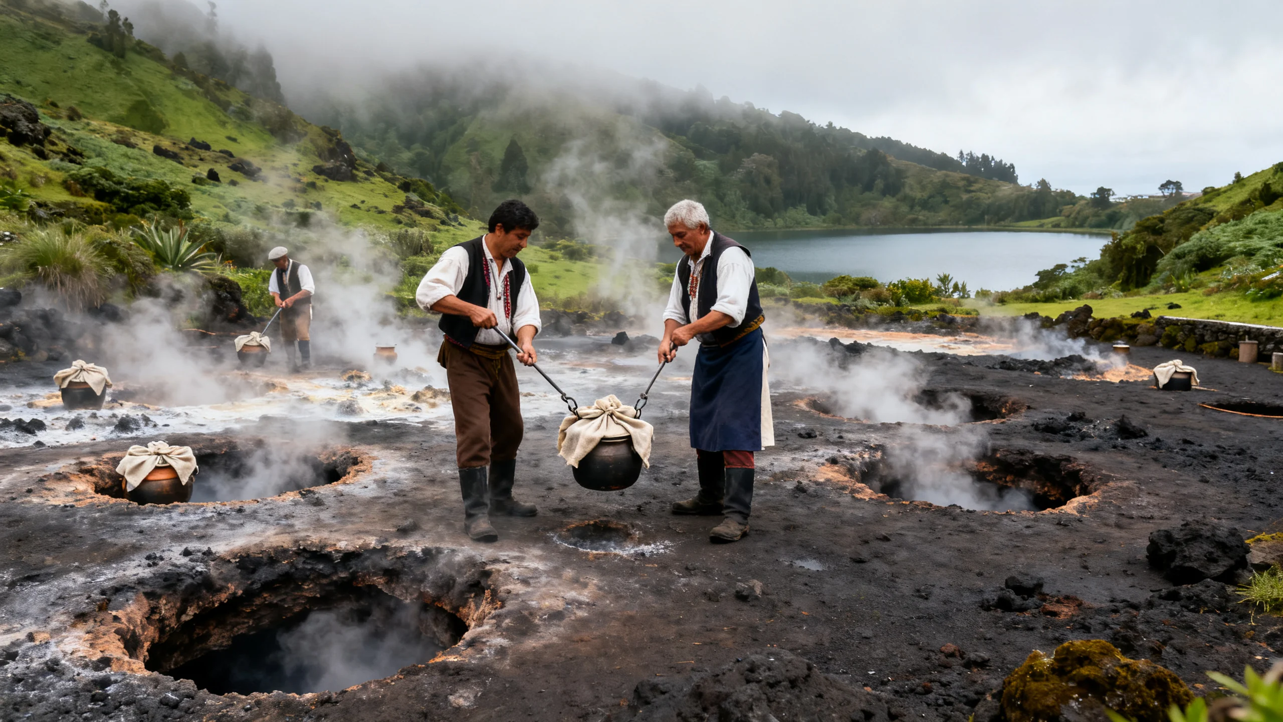 Cooks lifting cozido pots from geothermal cooking holes at Furnas lake