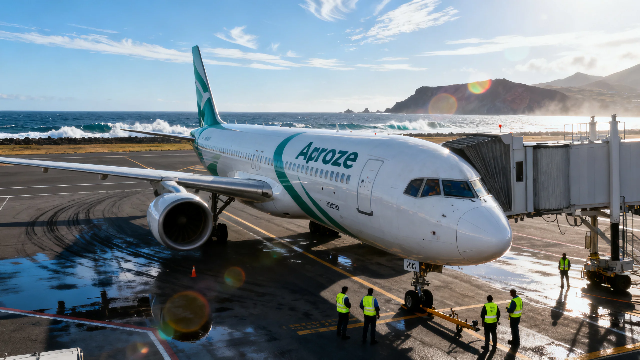 Azores Airlines aircraft on the runway at João Paulo II Airport in Ponta Delgada, São Miguel, with the Atlantic ocean in the background