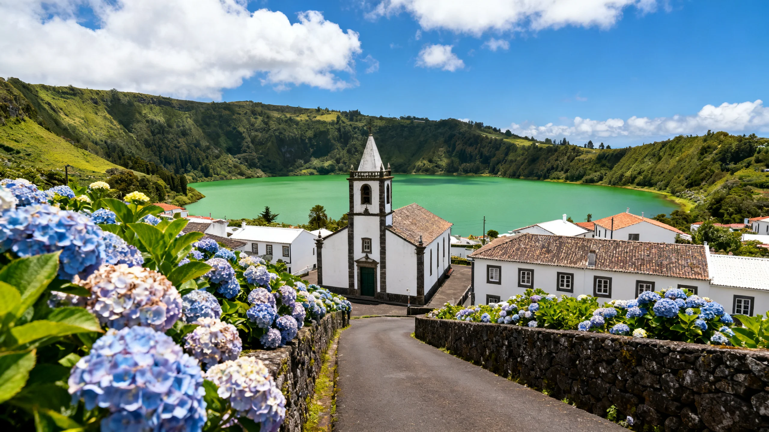 Sete Cidades village and Lagoa Verde inside the volcanic caldera