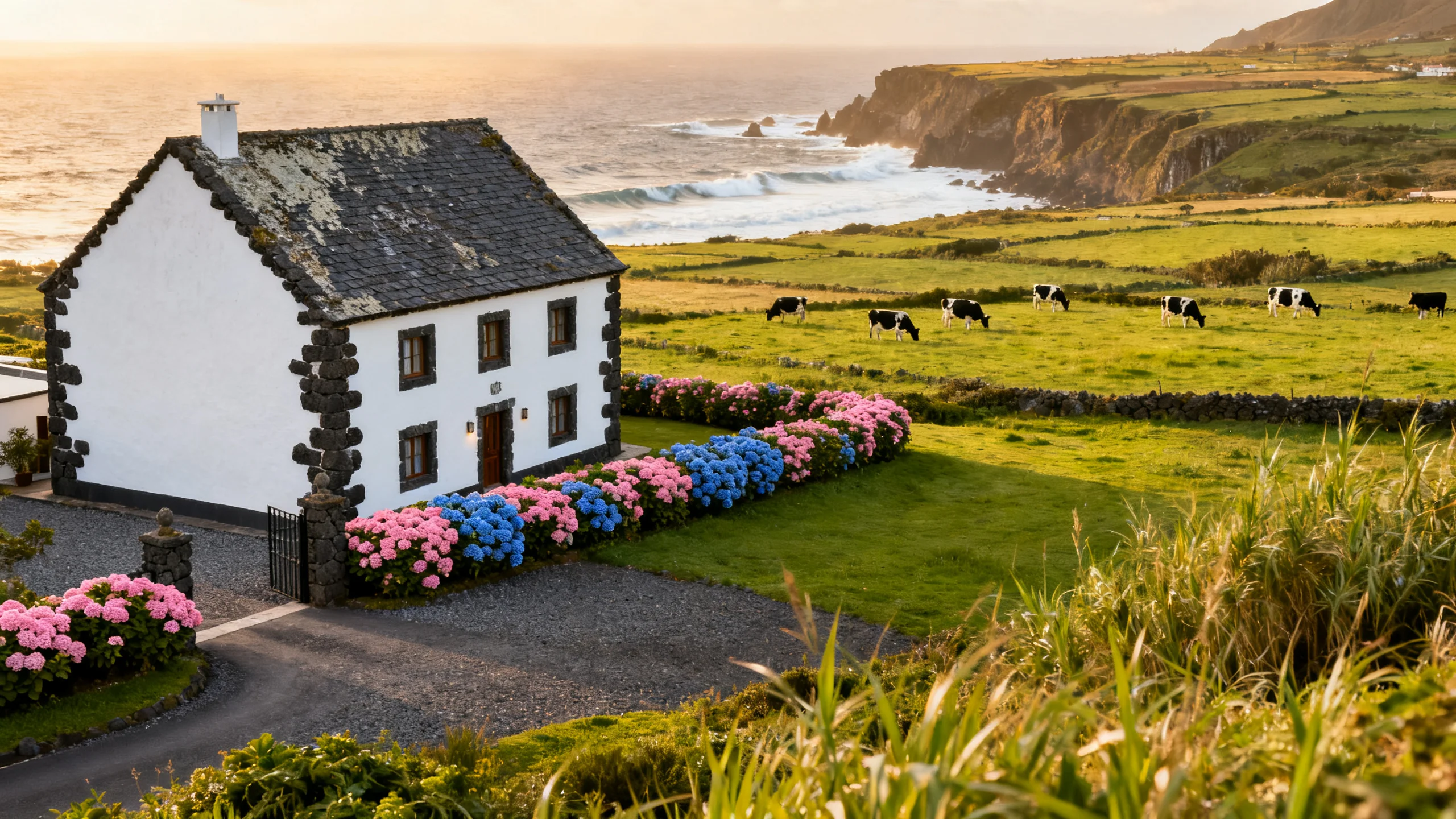 A traditional Azorean stone-built rural hotel on Terceira, with white painted walls, a slate roof, hortensia hedges in flower around the entrance, lush green pastures stretching down to the Atlantic coastline visible in the distance
