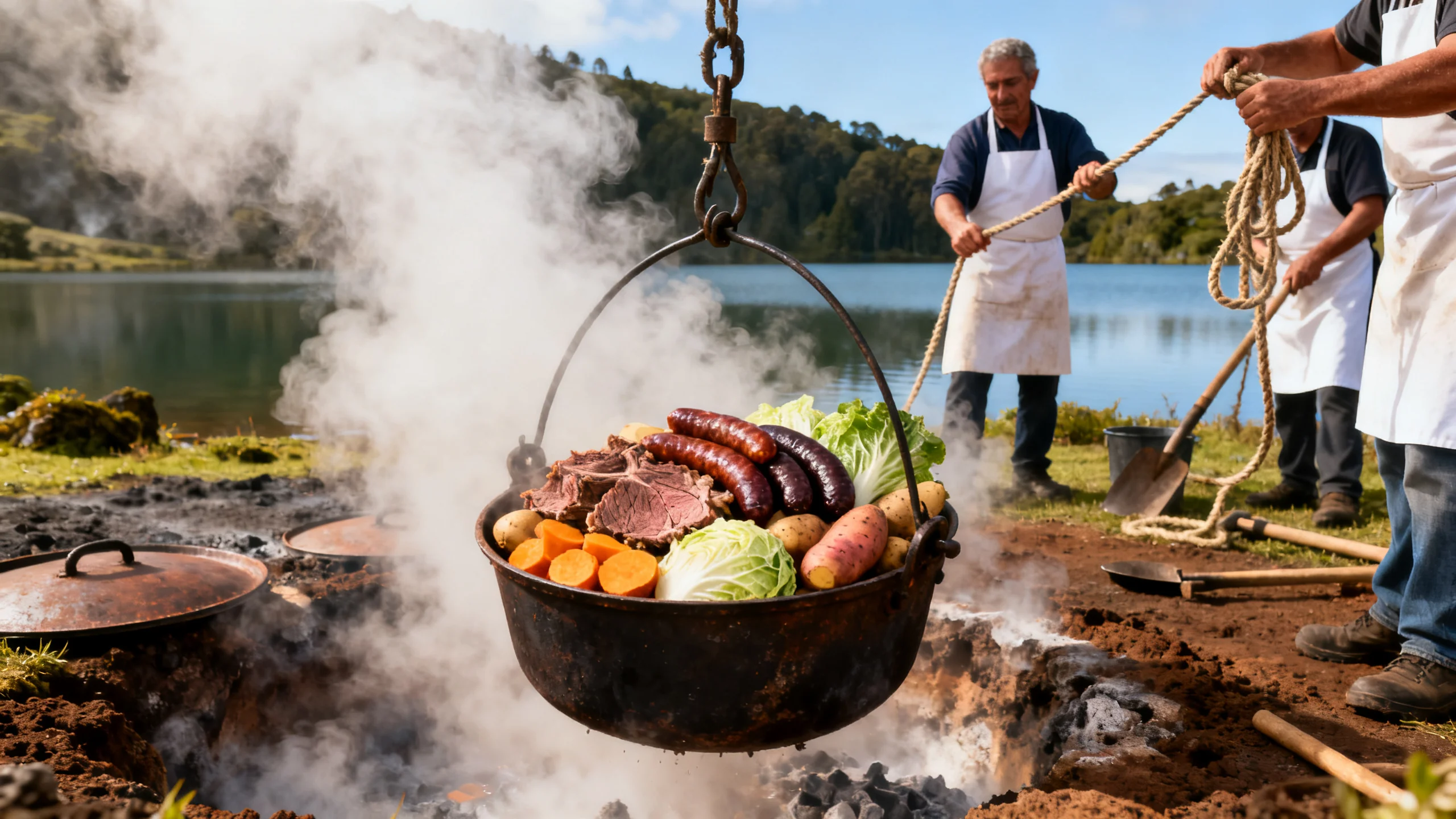 A traditional Azorean cozido das Furnas being lifted from the geothermal pots in the ground at Furnas Lake, São Miguel, with steam rising and the meat, sausages, cabbage and root vegetables visible in the cast-iron pot, locals in aprons working in the background