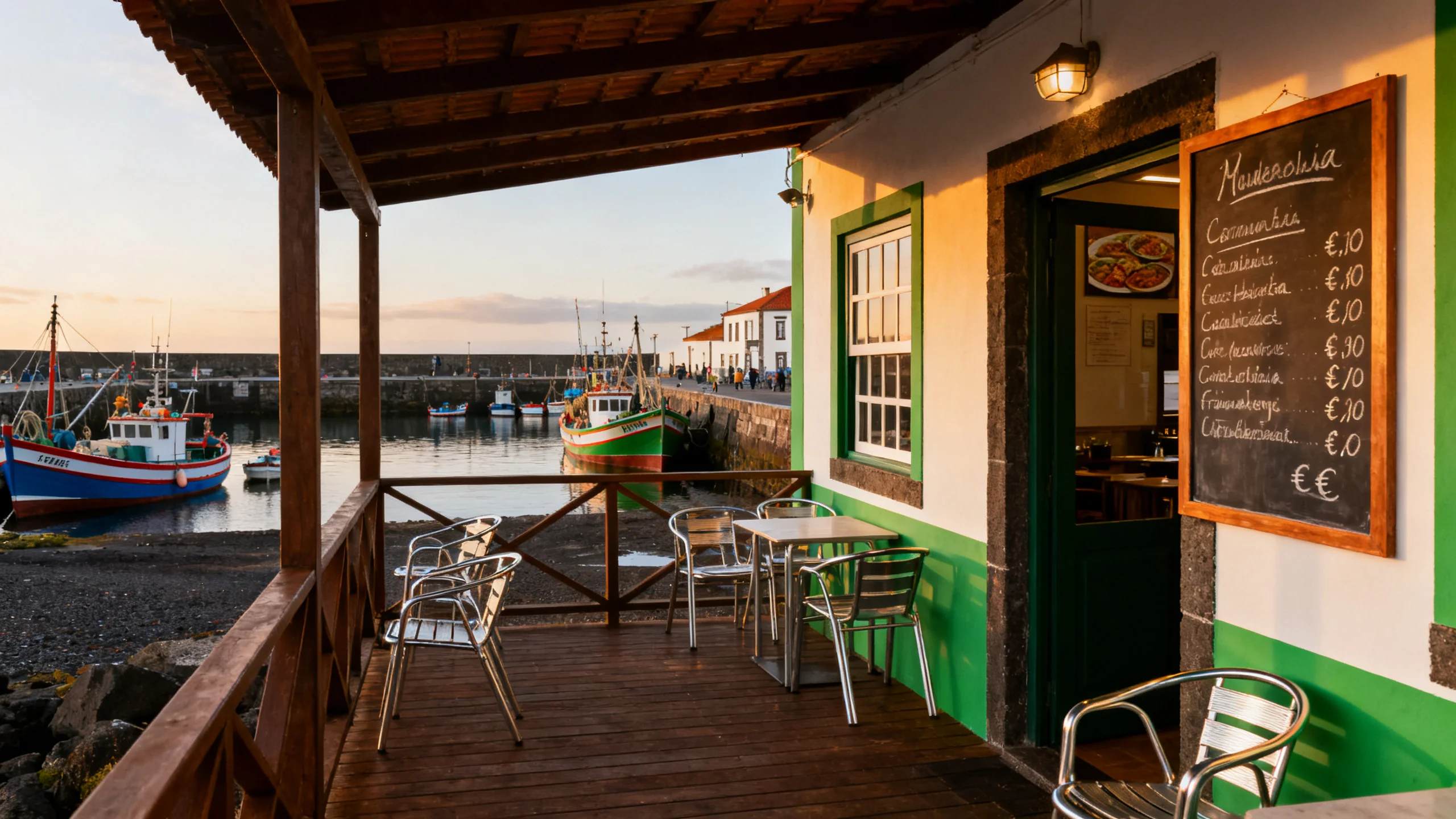 A small Azorean village restaurant with a wooden terrace overlooking the harbour, a chalkboard menu visible with prices in euros for cozido and grilled fish, late afternoon light on the green and white painted walls