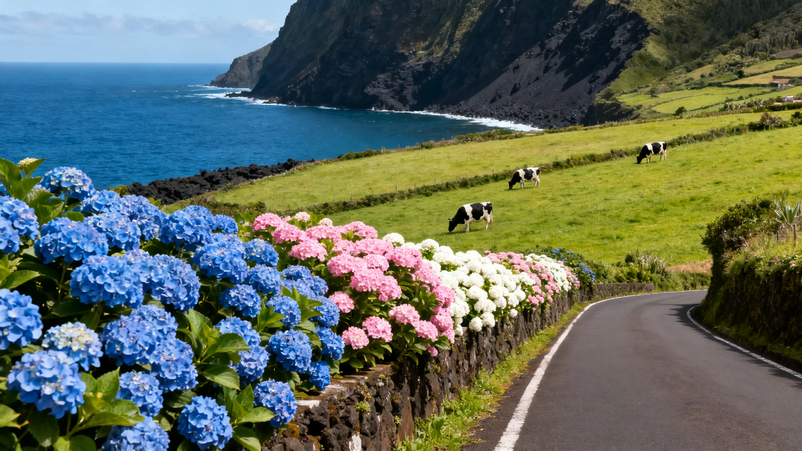 A blooming pink and white hortensia (hydrangea) hedge along a country road in the Azores in summer, with green pasture fields rolling down to the Atlantic Ocean and the volcanic coastline
