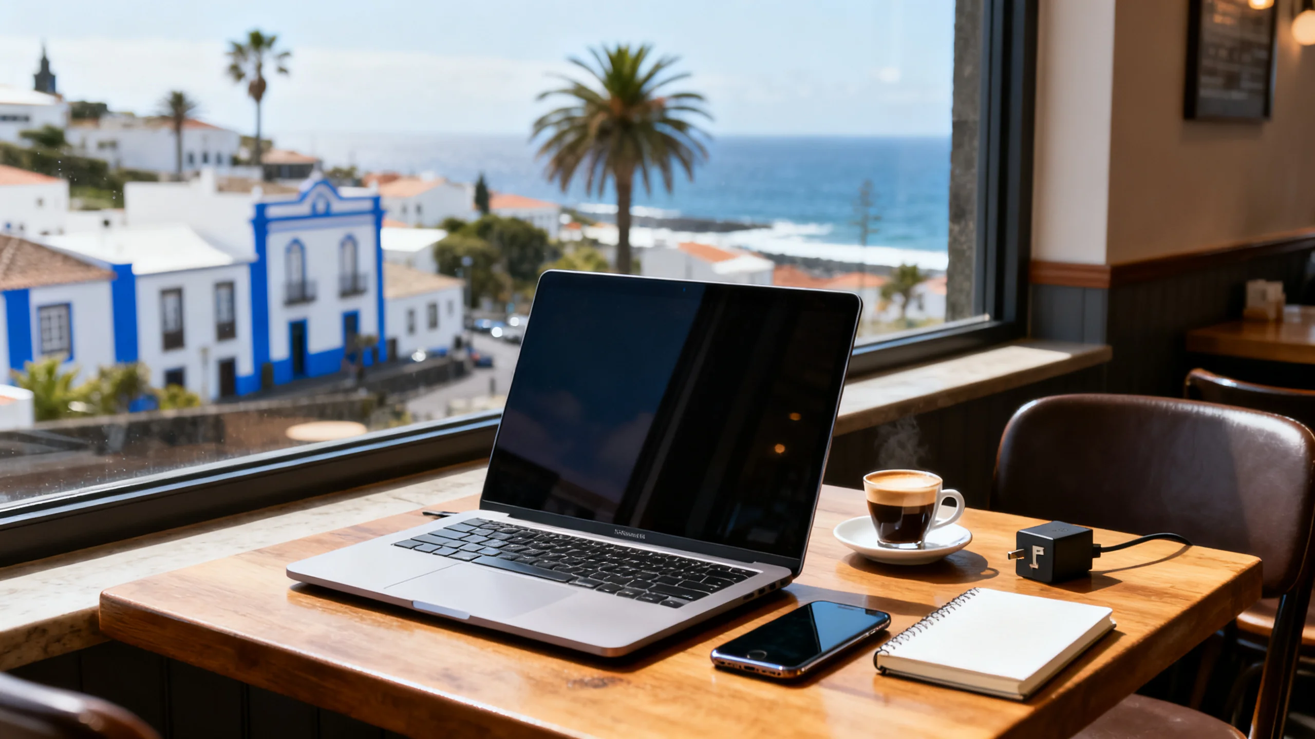 A laptop and a smartphone on a wooden café table in São Miguel, Azores, with a coffee cup, a small notebook, and a Portuguese plug adapter visible, soft natural light coming from a window overlooking the coastal town in the background