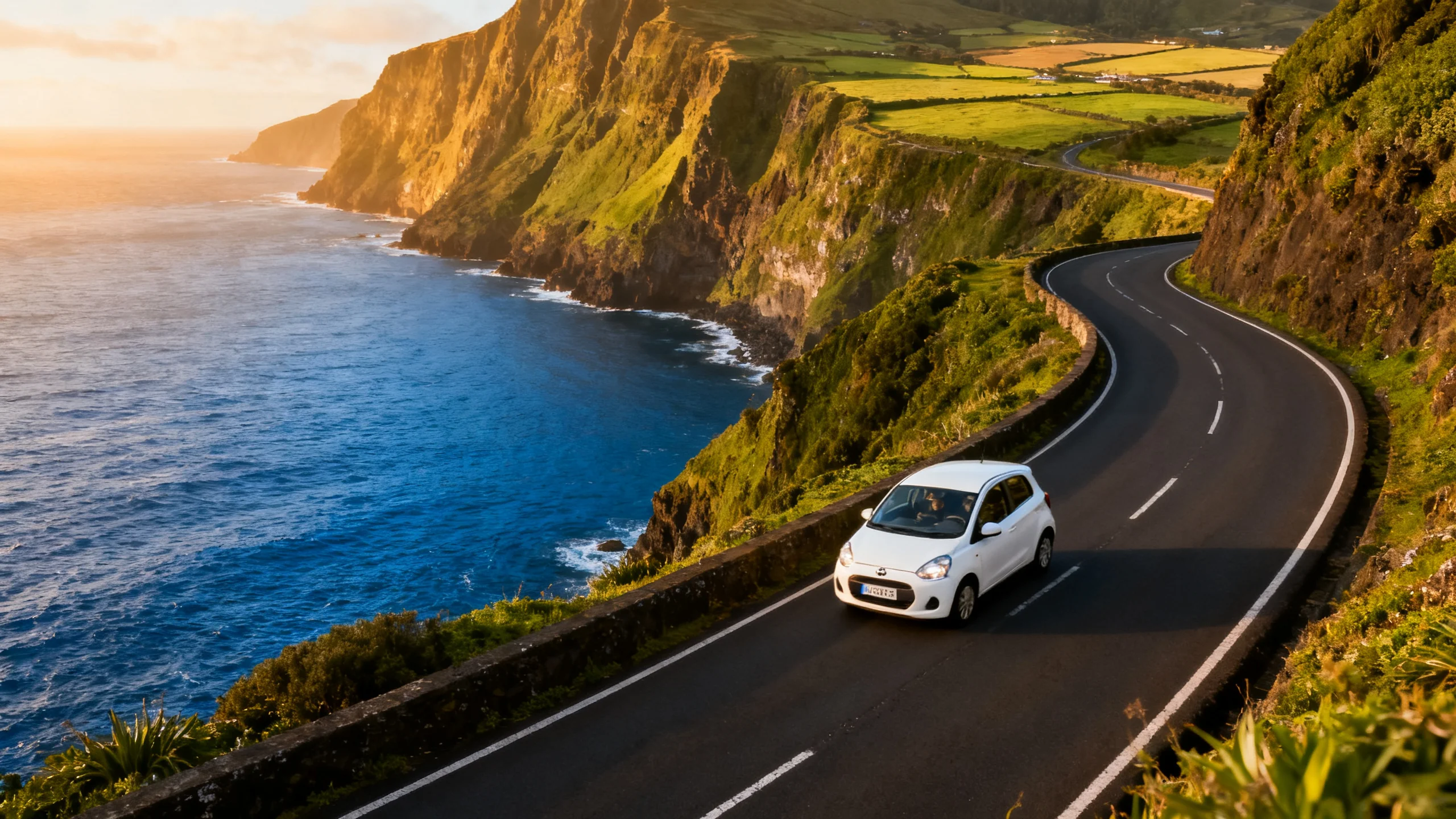 A small white rental car driving along a coastal road in São Miguel, Azores, with the deep blue Atlantic ocean below and steep green volcanic cliffs in the background, late afternoon golden light