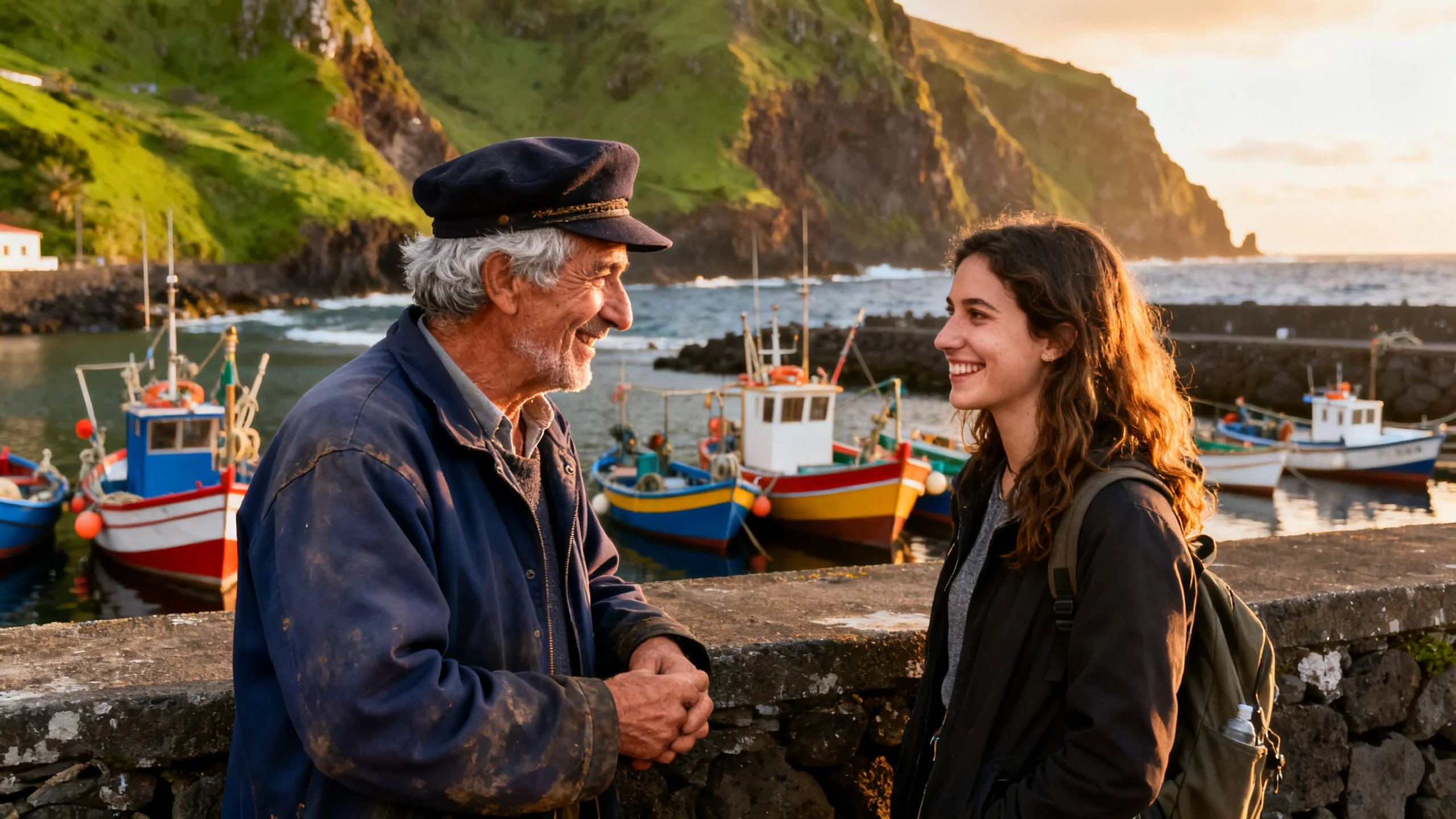 A friendly elderly Azorean fisherman in a traditional cap and weathered jacket chatting with a young traveller on a stone harbour wall in São Miguel, both smiling, fishing boats and the green volcanic coastline visible in the background, warm late-afternoon light